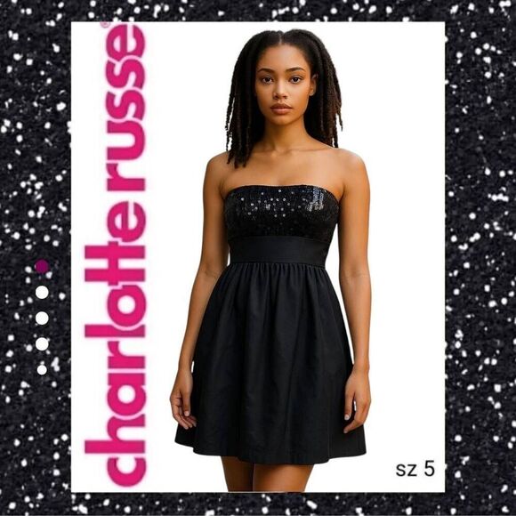 Charlotte Russe Designer Sexy Little Black Dress Strapless Sequin Top sz 5 - Picture 1 of 9